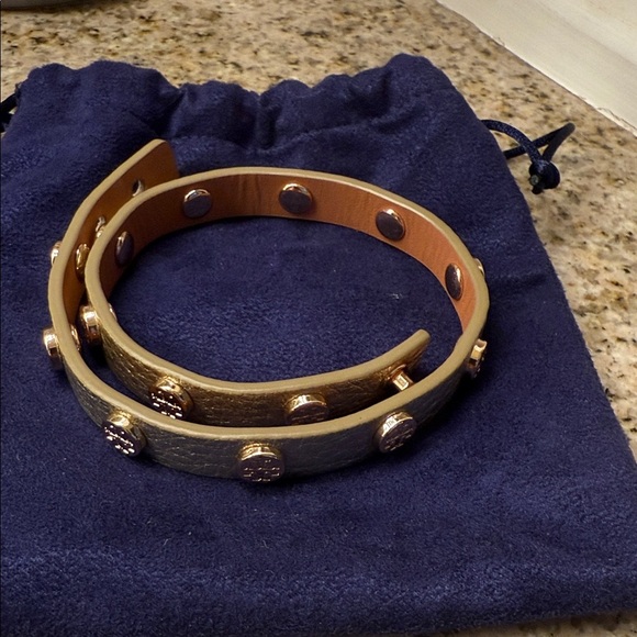 Tory Burch Gold Leather Bracelet with Logo Accents - Picture 2 of 2